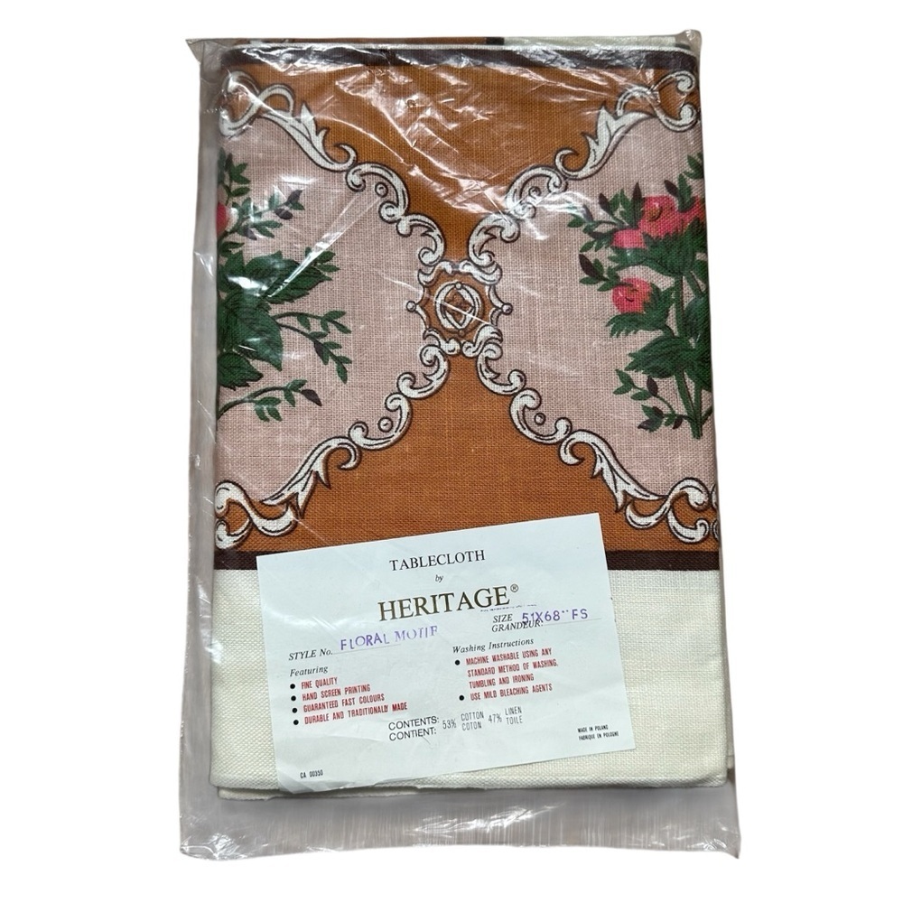 NOS Vintage Heritage Cotton Linen Rectangular Tablecloth Cream Brown - 51" x 68"